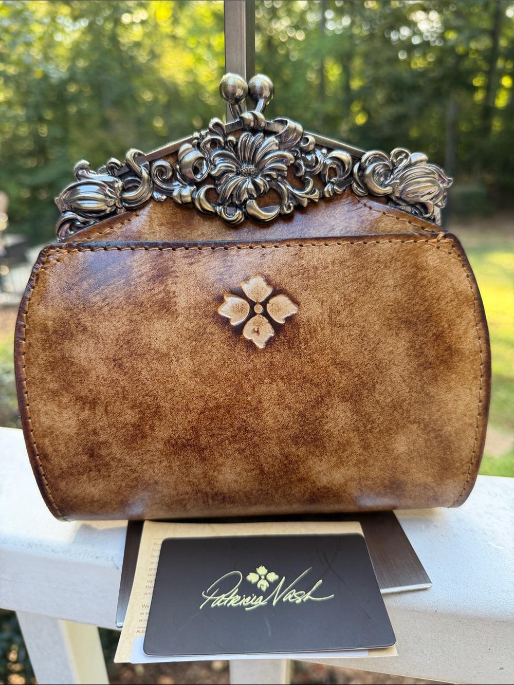 Patricia Nash Sand and Tan Embossed Leather Shoulder Bag with Ornate Metal Frame - Picture 9 of 17